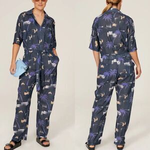 PARADISED Jumpsuit Women Small Blue Apres Beach Printed Lightweight Button Front